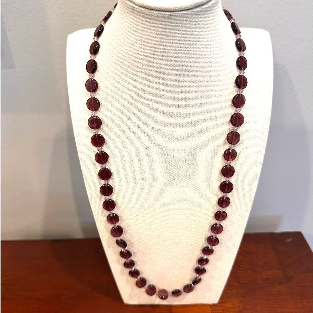 Purple Glass Round Long Necklace 925 Sterling Silver Clasp Boho Bohemian Jewelry